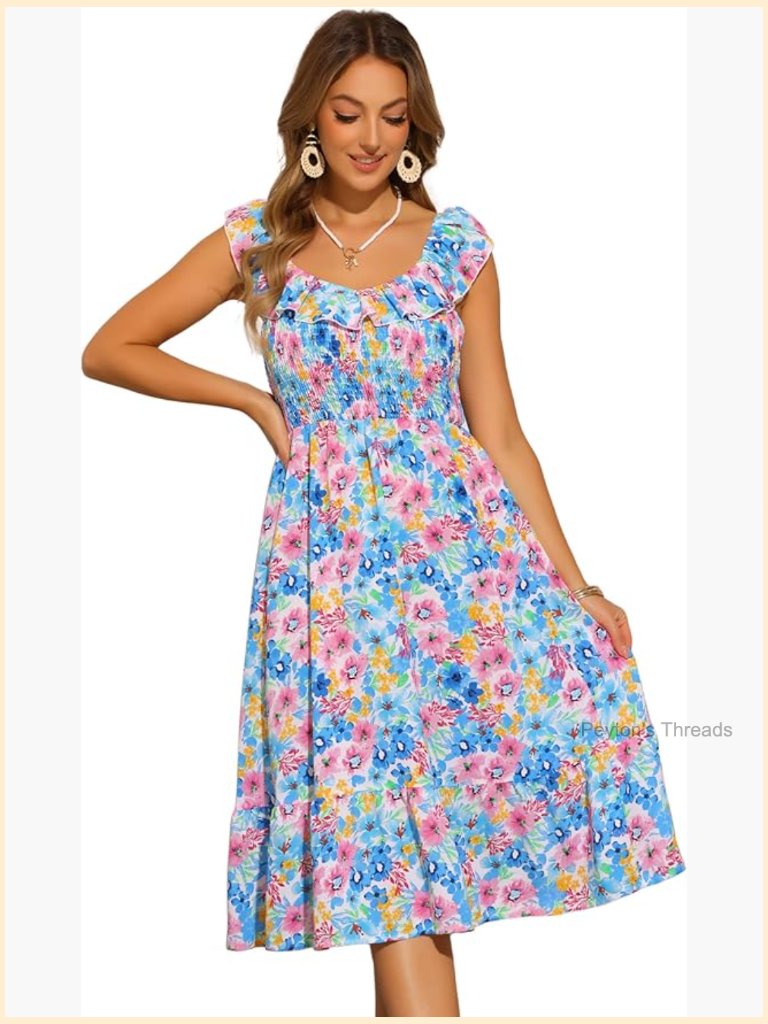 Sleeveless Ruffle Neck Smocked Flowy Floral Midi Dress